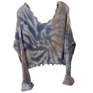 Jessica Simpson Tie Dye Distressed V Neck Knit Sweater Crop Top Blue Brown Sz L